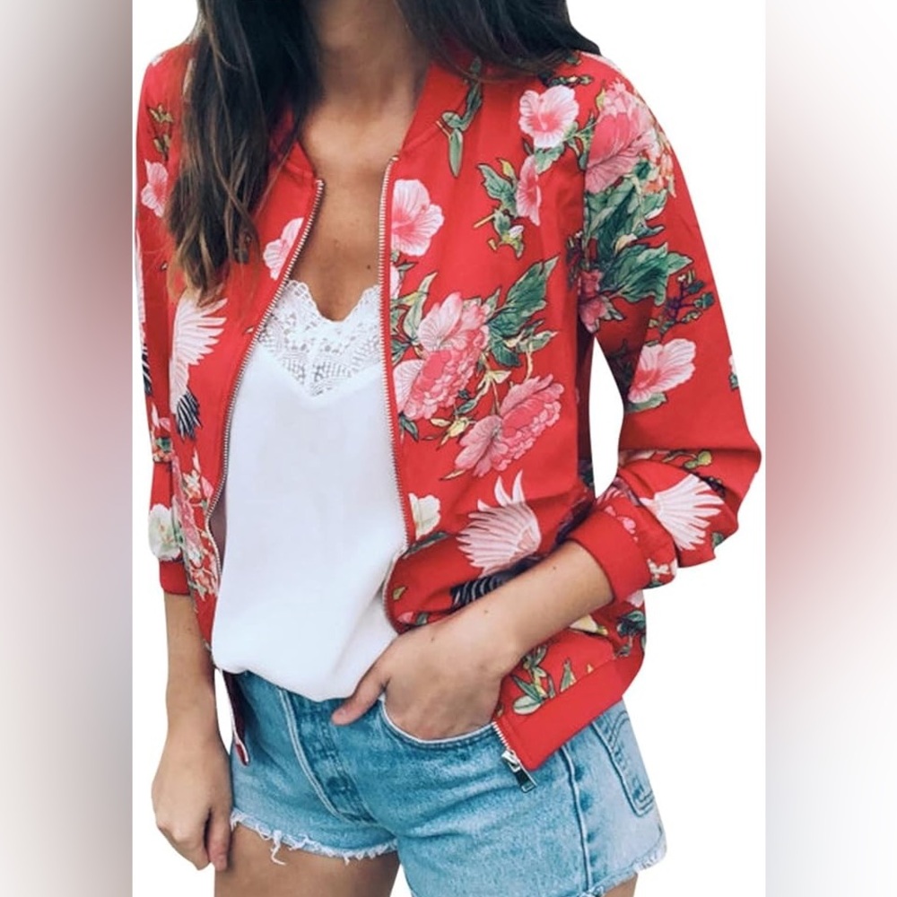 ECOWISH Women's Casual Floral Zip Up Bomber Jacket - Picture 1 of 9